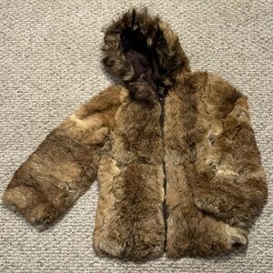 Vintage Genuine Brown Rabbit Fur Coat Lined Hooded Full Zip Women's XS Luxury